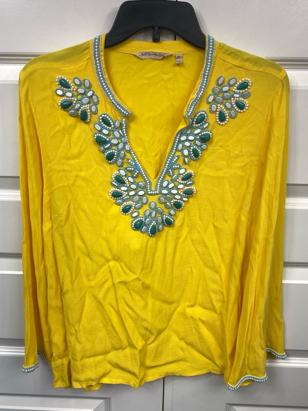 Soft Surroundings Bright Yellow Beaded Tunic Beach Flowy Resortwear Petite Large
